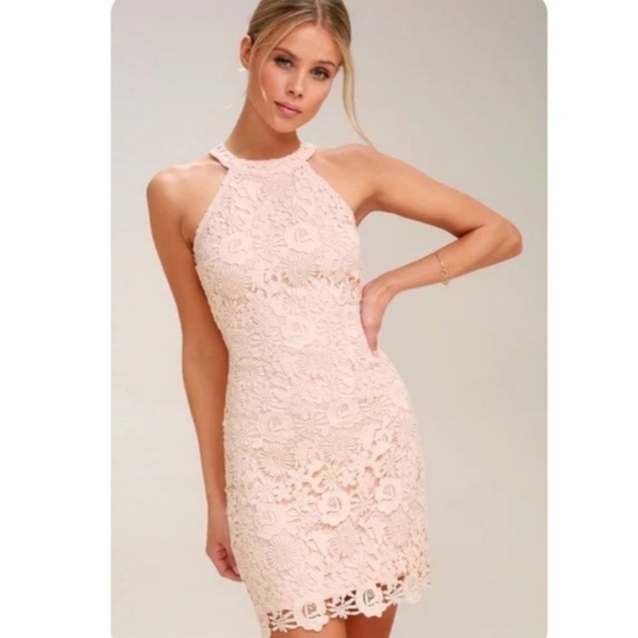 Lulus Love Poem Blush Pink Beige Lace Floral Crochet Mini Dress Size XS - Picture 7 of 9